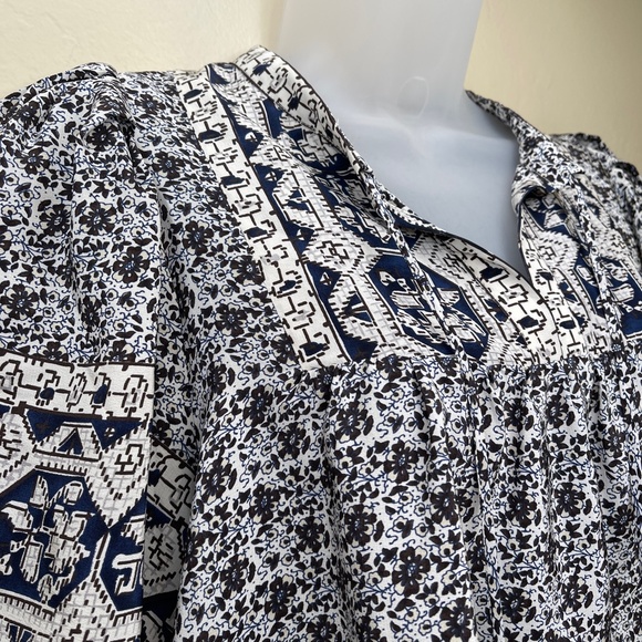 Sea NY Mosaic Patchwork Tile Geo Floral Print Ombré Tassel Silk Boho Blouse Top - Picture 4 of 11